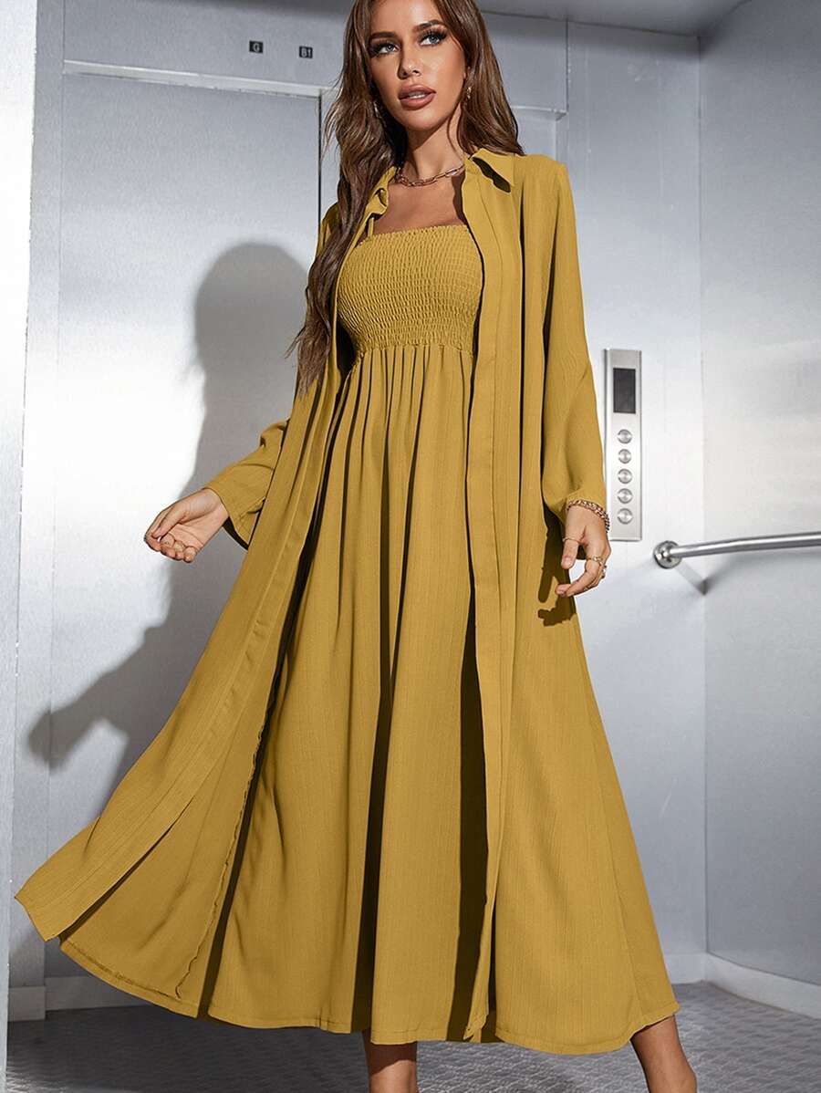 Mulvari Shirred Cami Dress & Open Front Coat Abayas - Mustard Yellow - View 1