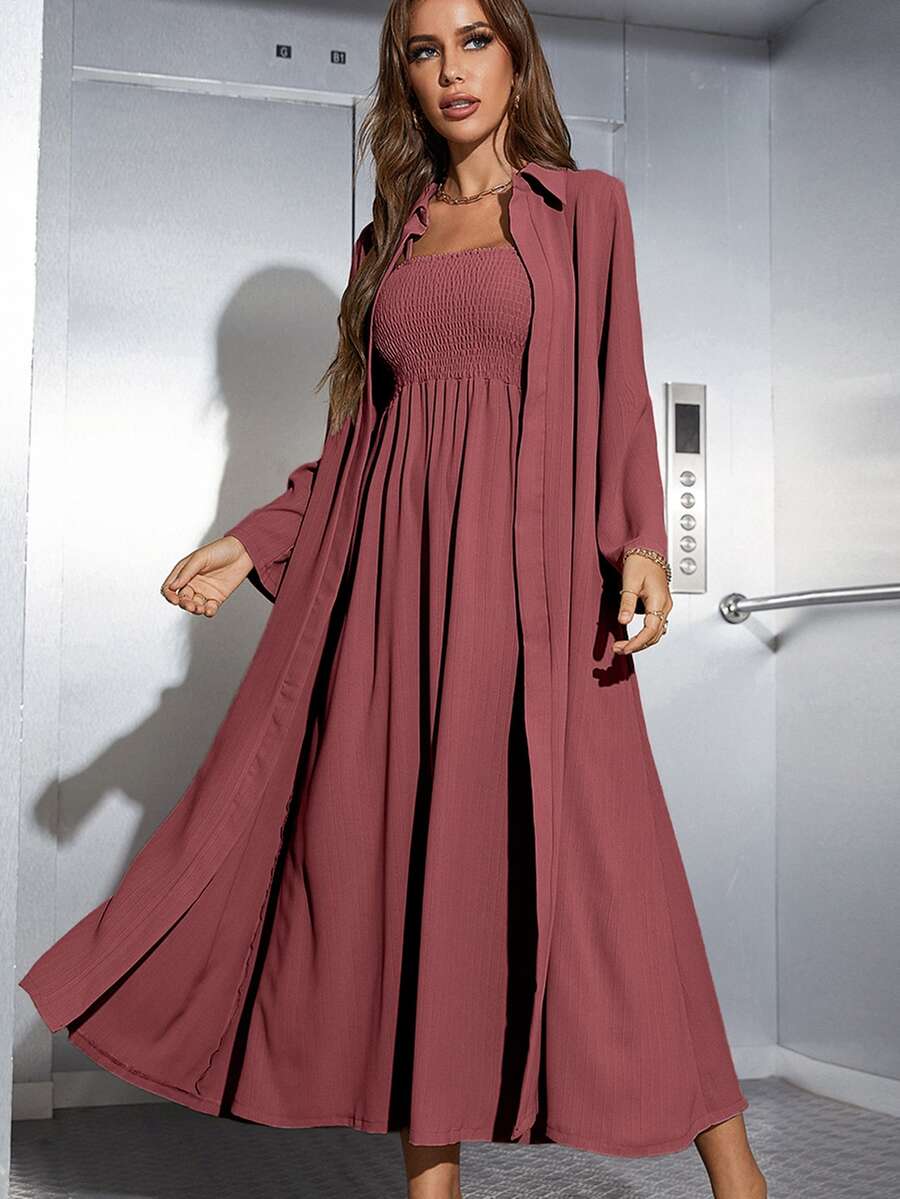 Mulvari Shirred Cami Dress & Open Front Coat Abayas - Redwood - View 1