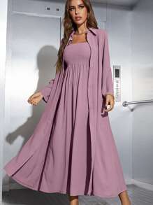 Mulvari Shirred Cami Dress & Open Front Coat Abayas - Mauve Purple - View 1
