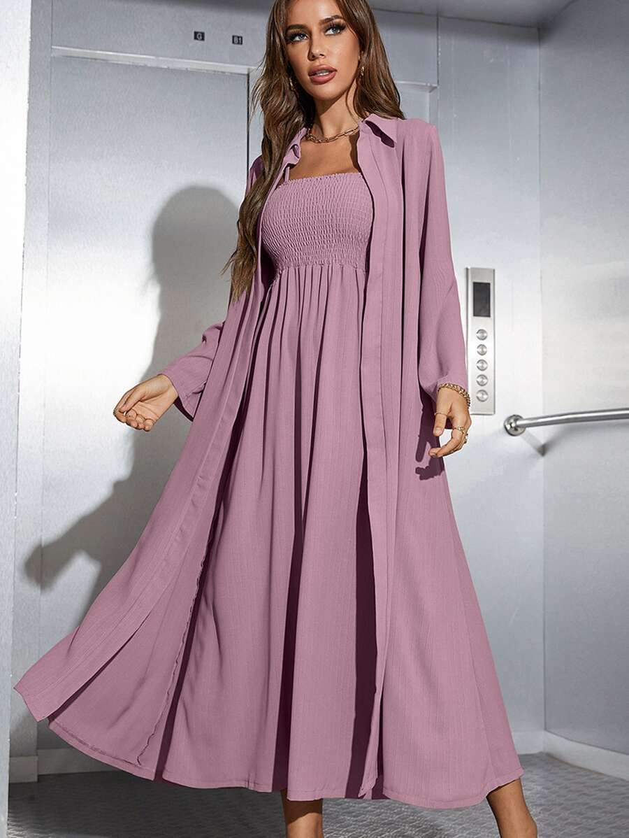 Mulvari Shirred Cami Dress & Open Front Coat Abayas - Mauve Purple - View 1