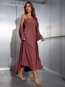 Mulvari Shirred Cami Dress & Open Front Coat Abayas - Redwood - View 3