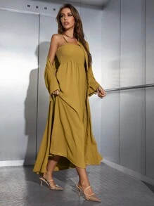 Mulvari Shirred Cami Dress & Open Front Coat Abayas - Mustard Yellow - View 3