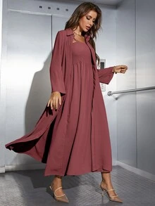 Mulvari Shirred Cami Dress & Open Front Coat Abayas - Redwood - View 4