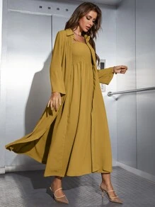 Mulvari Shirred Cami Dress & Open Front Coat Abayas - Mustard Yellow - View 5