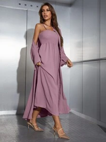 Mulvari Shirred Cami Dress & Open Front Coat Abayas - Mauve Purple - View 4
