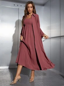 Mulvari Shirred Cami Dress & Open Front Coat Abayas - Redwood - View 6
