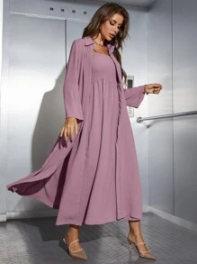 Mulvari Shirred Cami Dress & Open Front Coat Abayas - Mauve Purple - View 5