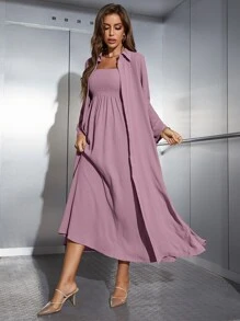 Mulvari Shirred Cami Dress & Open Front Coat Abayas - Mauve Purple - View 6