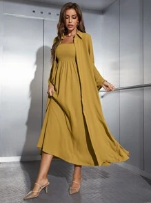 Mulvari Shirred Cami Dress & Open Front Coat Abayas - Mustard Yellow - View 6