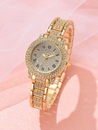 1pc Ladies Watch Rhinestone Decor Round Pointer Quartz Watch Holiday Gold Watch