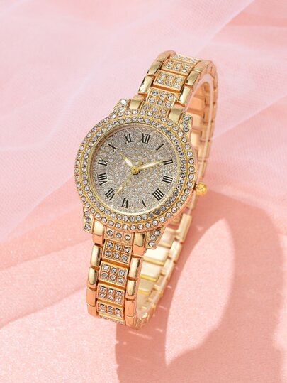 1pc Ladies Watch Rhinestone Decor Round Pointer Quartz Watch Holiday Gold Watch
