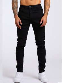 ROMWE MEN Goth Men Cotton Solid Skinny Jeans, School - Black - View 3