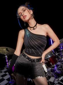 Áo nữ Pha lê kim cương Đồ họa Gợi cảm - màu đen - Xem 4