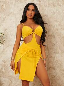SHEIN SXY U-ring Cut Out Knot Front Cami Dress - Yellow - View 3