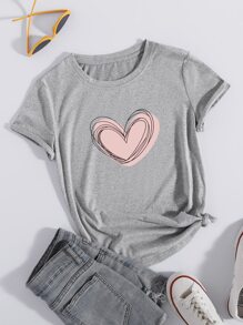 SHEIN LUNE Áo thun cổ tròn in hình trái tim Áo thun họa tiết cho nữ - Màu Xám nhạt - Xem 1