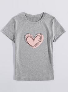 SHEIN LUNE Áo thun cổ tròn in hình trái tim Áo thun họa tiết cho nữ - Màu Xám nhạt - Xem 3