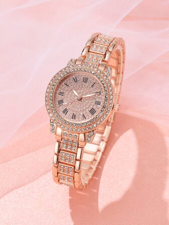 1pc Ladies Watch Rhinestone Decor Round Pointer Quartz Watch Holiday
