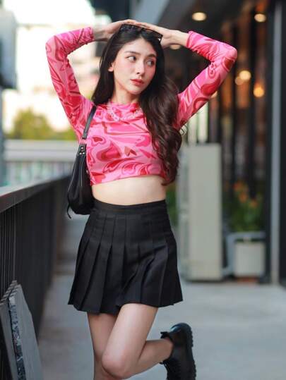 SHEIN ICON เสื้อครอป แขนยาว สีชมพู