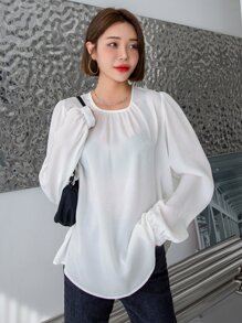 DAZY Solid Key Hole Back Bishop Sleeve Blouse - White - View 1