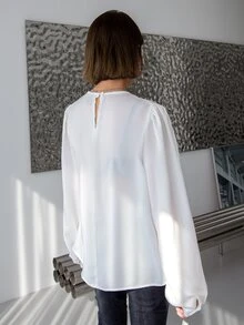 DAZY Solid Key Hole Back Bishop Sleeve Blouse - White - View 2