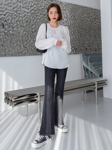 DAZY Solid Key Hole Back Bishop Sleeve Blouse - White - View 3