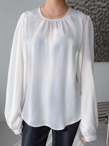 DAZY Solid Key Hole Back Bishop Sleeve Blouse - White - View 5