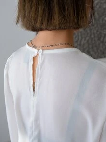 DAZY Solid Key Hole Back Bishop Sleeve Blouse - White - View 6