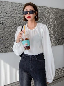 DAZY Solid Key Hole Back Bishop Sleeve Blouse - White - View 7