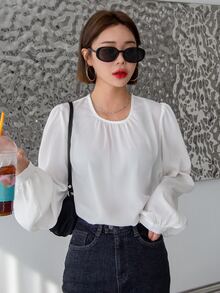 DAZY Solid Key Hole Back Bishop Sleeve Blouse - White - View 8
