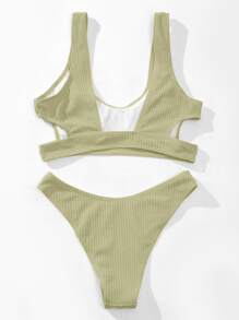 SHEIN Swim Summer Beach Mono Ribbed Bikini Set Cut Out Tank Wireless Bra Top & Bikini Bottom 2 Pieces Bikini - Mint Green - View 3