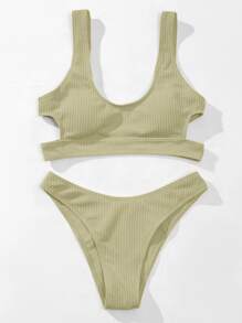 SHEIN Swim Summer Beach Mono Ribbed Bikini Set Cut Out Tank Wireless Bra Top & Bikini Bottom 2 Pieces Bikini - Mint Green - View 4