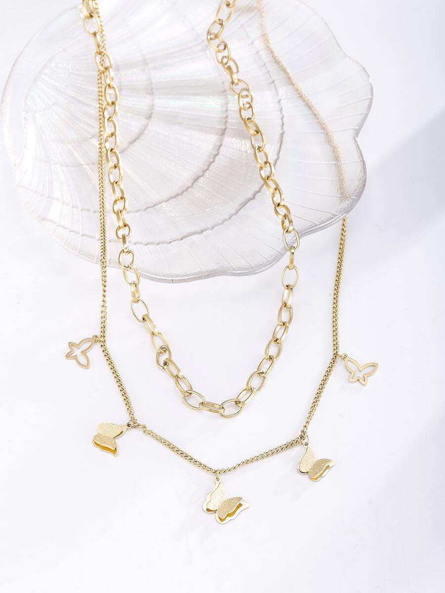 Vòng cổ nhiều lớp Trang trí mặt dây chuyền bướm - Vàng - Xem 1