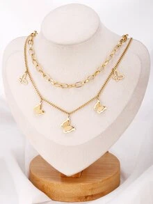 Vòng cổ nhiều lớp Trang trí mặt dây chuyền bướm - Vàng - Xem 2