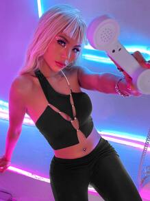 SHEIN ICON Pearl Decor Cut Out Backless Halter Top - Black - View 1