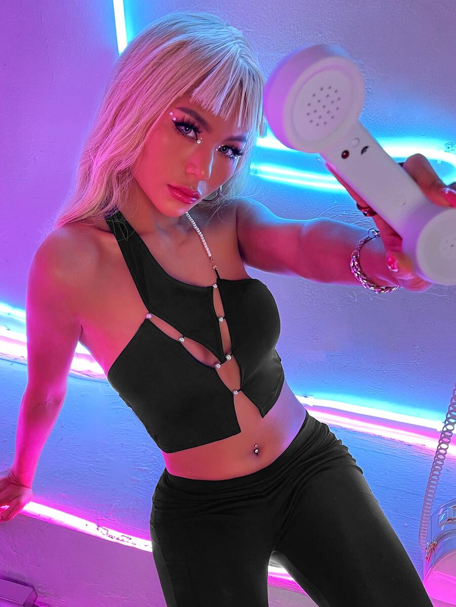 SHEIN ICON Pearl Decor Cut Out Backless Halter Top - Black - View 1