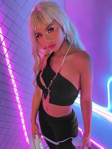 SHEIN ICON Pearl Decor Cut Out Backless Halter Top - Black - View 3