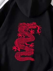 SHEIN EZwear Chinese Dragon Graphic Kangaroo Pocket Thermal Lined Drawstring Hoodie - Black - View 4