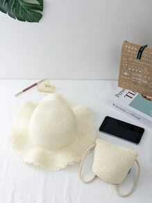 Girls Minimalist Straw Bag With Hat - White - View 2
