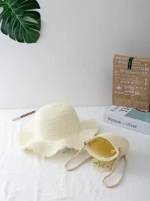 Girls Minimalist Straw Bag With Hat - White - View 3