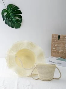 Girls Minimalist Straw Bag With Hat - White - View 4