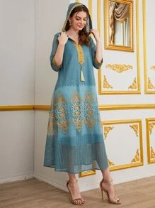 Al Najma V-neck Tassel Floral Pattern Dress - Dusty Blue - View 1