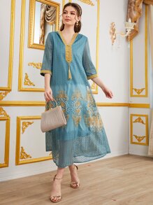 Al Najma V-neck Tassel Floral Pattern Dress - Dusty Blue - View 3