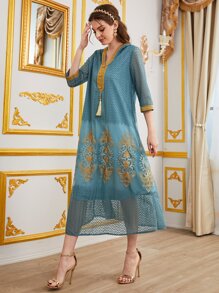 Al Najma V-neck Tassel Floral Pattern Dress - Dusty Blue - View 4