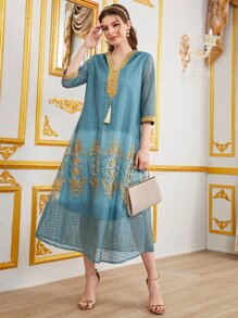 Al Najma V-neck Tassel Floral Pattern Dress - Dusty Blue - View 5