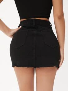 SHEIN PETITE Váy denim nữ Nút Túi Hem thô Bị tách Dây kéo màu trơn - màu đen - Xem 2