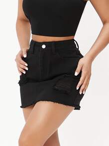 SHEIN PETITE Váy denim nữ Nút Túi Hem thô Bị tách Dây kéo màu trơn - màu đen - Xem 4