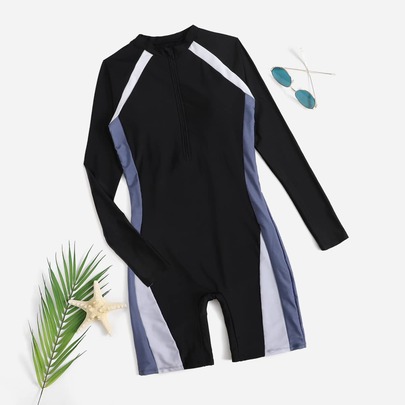 Colorblock Zip Front One Piece Swimsuit