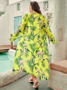 Swim Vcay Plus Size Tropical Print Bikini Set Tie Front Bra & Shorts & Beach Cover Up 3 Pieces Bikini Summer Beach - Yellow - View 2