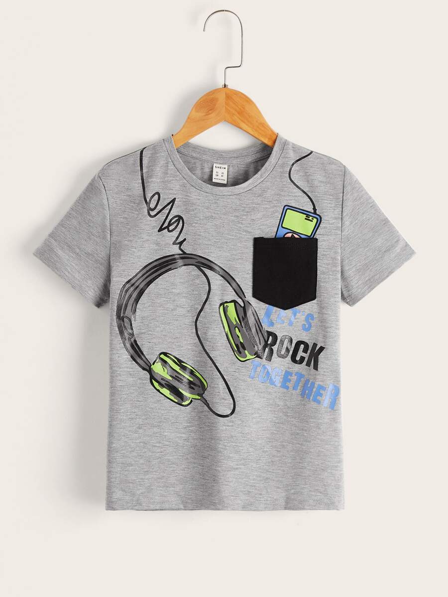 SHEIN 男孩標語和耳機圖案T恤 - 淺灰色 - 查看 1