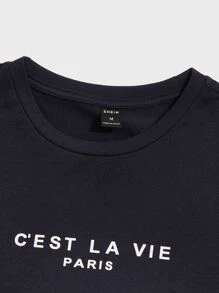 Manfinity VCAY Nam Áo thun Bông Đồ họa Khẩu hiệu - Màu xanh hải quân - Xem 4